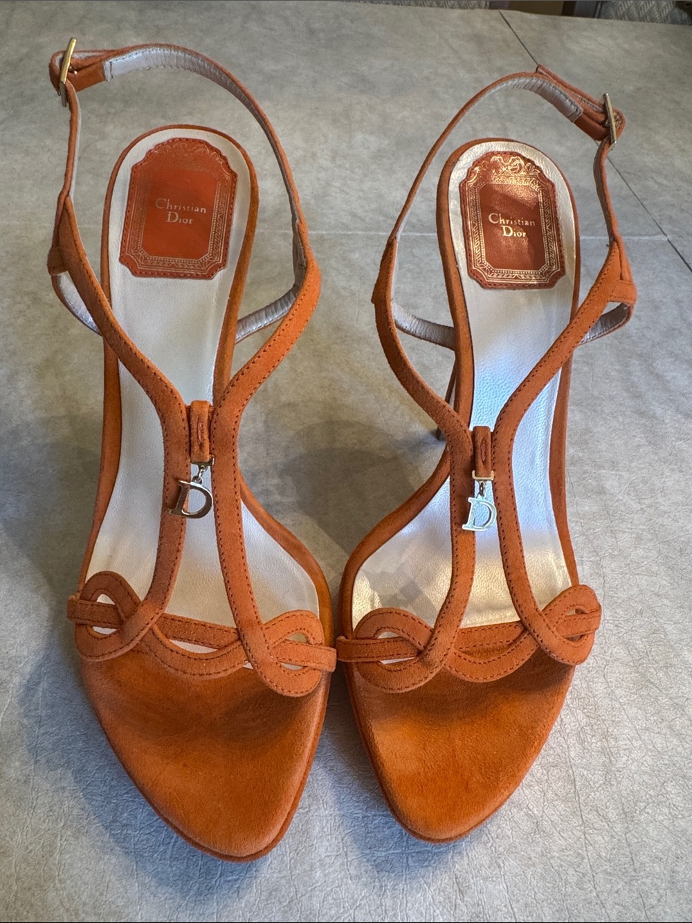 Dior Orange Suede T-Strap Slingback Heels
